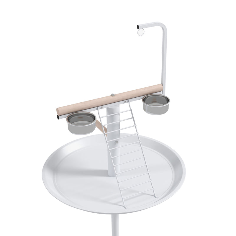Bird Stand with Wheels and Feed Bowls for Indoor or Outdoor Use with Tray, White