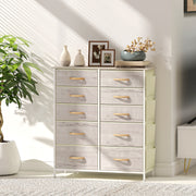 Tall Chest of 10 Fabric Drawers for Bedroom Storage with Wood Frame, Natural Finish