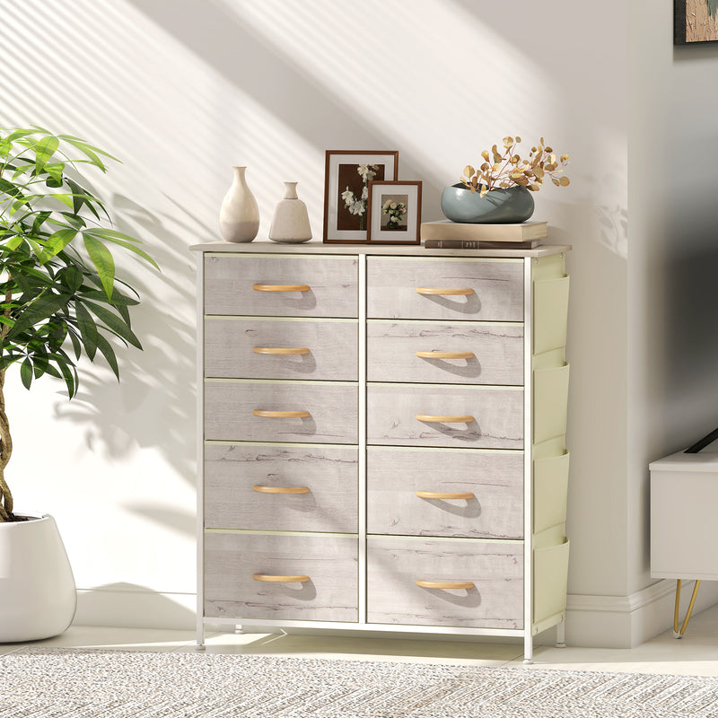 Tall Chest of 10 Fabric Drawers for Bedroom Storage with Wood Frame, Natural Finish