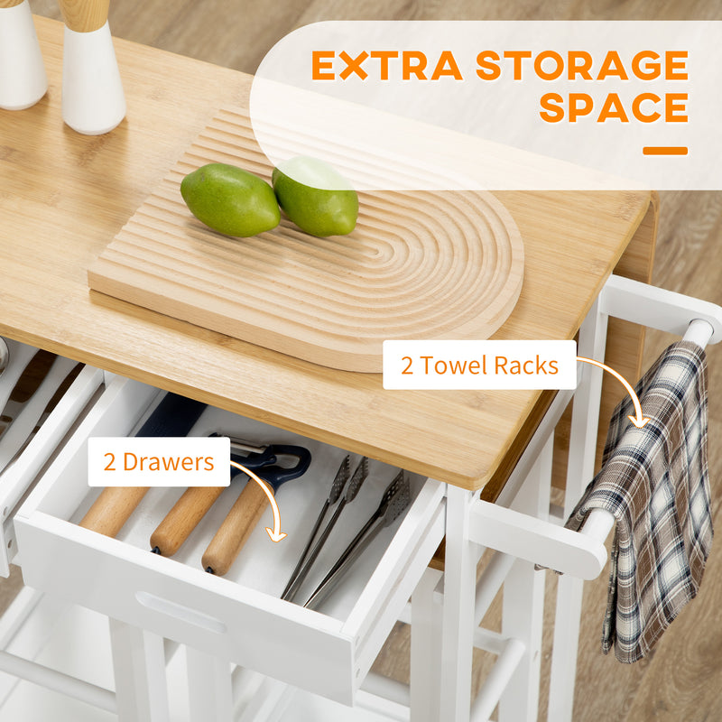 Kitchen Island Trolley with Storage Drawers and Drop Leaf Top with 2 Stools White