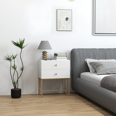 White 2 Drawer Bedside Table With Gold Legs Elegant Bedroom Storage by HOMCOM