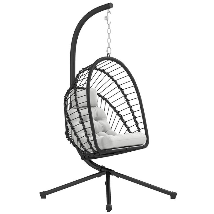 Black Rattan Hanging Egg Chair with Cushion and Metal Stand for Garden or Indoor Use by Outsunny