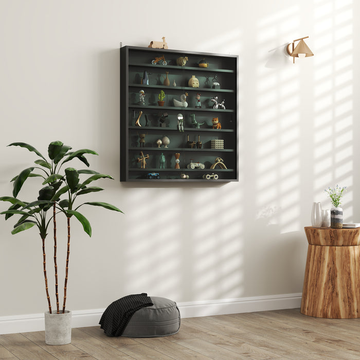 Black 7 Tier Wall Display Cabinet with Glass Doors and Adjustable Shelves by HOMCOM