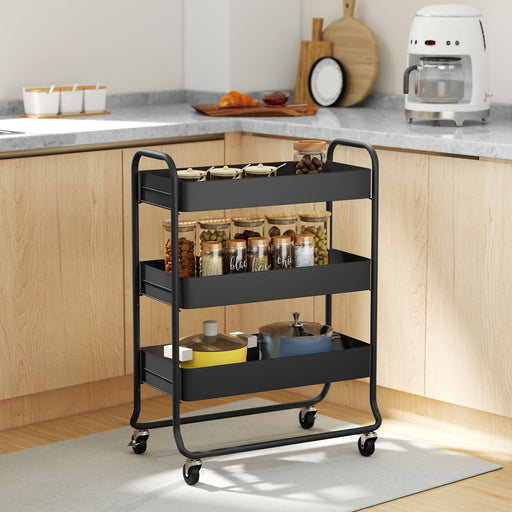 3 Tier Metal Storage Trolley With Wheels And Mesh Baskets For Home Organisation Black