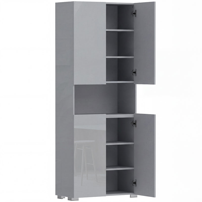 Tall Cupboard For Kitchen Storage with Adjustable Shelves and Soft Close Doors Modern Grey High Gloss 68x34x180cm