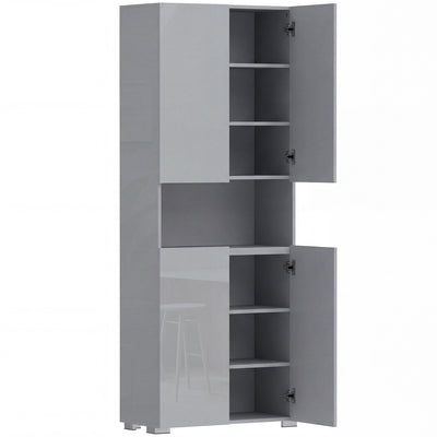 Tall Cupboard For Kitchen Storage with Adjustable Shelves and Soft Close Doors Modern Grey High Gloss 68x34x180cm Homcom