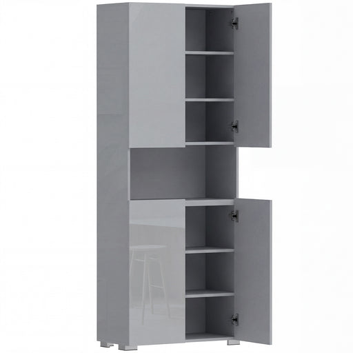 Tall Cupboard For Kitchen Storage with Adjustable Shelves and Soft Close Doors Modern Grey High Gloss 68x34x180cm Homcom