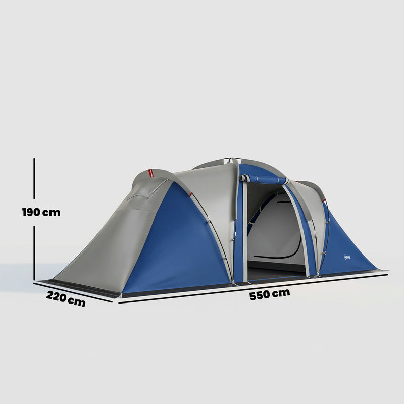 Waterproof Family Tunnel Camping Tent With Bedrooms & Porch, Navy Blue & Light Grey