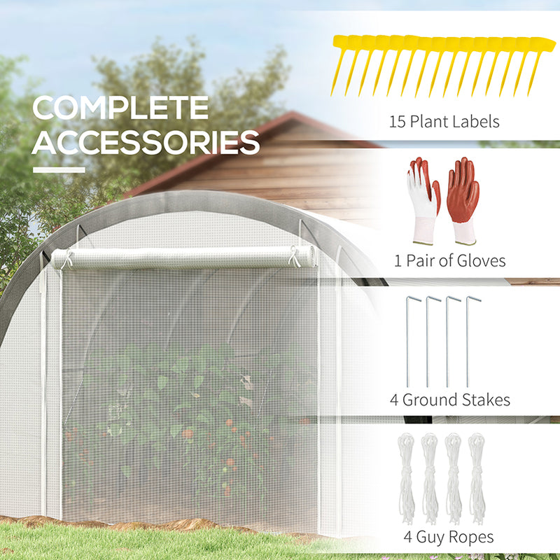 Large Polytunnel Greenhouse With Mesh Door Ventilation and Plant Labels, White