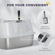 XL Stainless Steel Cat Litter Box with High Sides and Scoop for Easy Cleaning, Silver