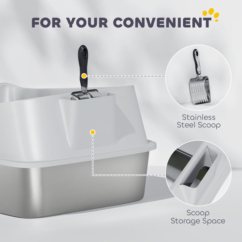 XL Stainless Steel Cat Litter Box with High Sides and Scoop for Easy Cleaning, Silver