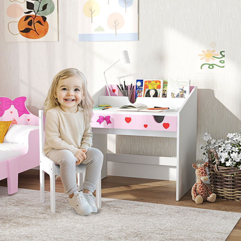 Pink Kids Study Table and Chair Set With Storage and Pull-Out Drawer for Ages 3-6 by AIYAPLAY