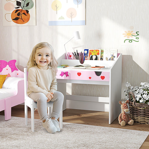 Pink Kids Study Table and Chair Set With Storage and Pull-Out Drawer for Ages 3-6 by AIYAPLAY