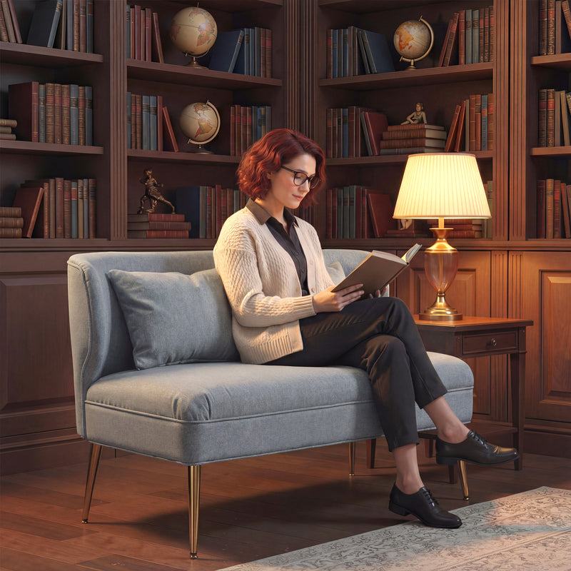 2 Seater Sofa, Light Grey Wing Back Sofa With Thick Cushioned Seat And Gold Metal Legs For Small Living Rooms