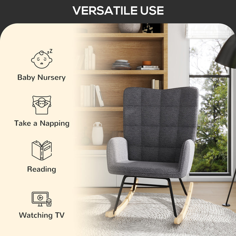 Wingback Nursery Rocking Chair with Berber Fleece for Nursing and Relaxing, Dark Grey