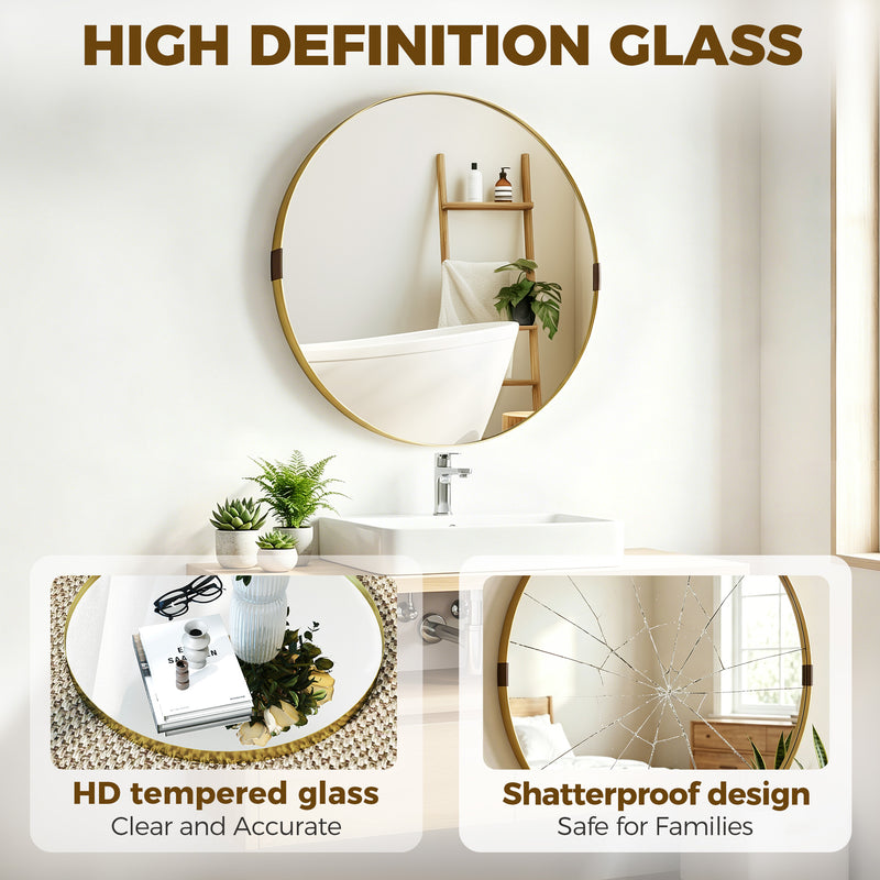 Round Shatterproof Wall Mirror for Hallways and Living Rooms Ready to Hang Gold Tone Homcom