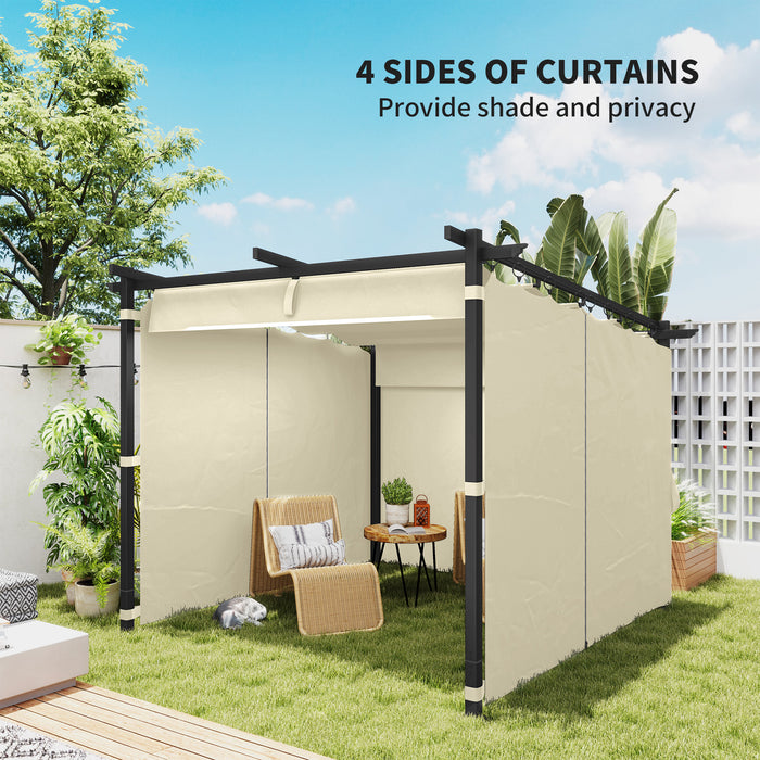 Beige 3 x 3 m Retractable Roof Pergola with Curtains for Garden and Patio by Outsunny