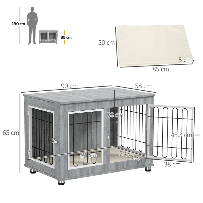 Dog Crate Side Table for Medium and Large Dogs with Cushioned Base and Lockable Doors Grey