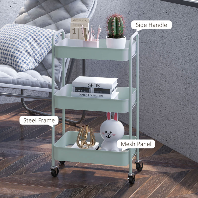 Three Tier Steel Storage Trolley with Wheels in Light Blue for Home and Office by HOMCOM