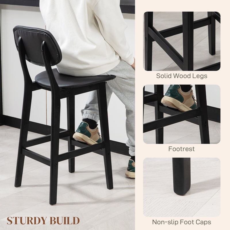 Set of 2 Wooden Bar Stools with Padded Faux Leather Seats Ideal for Kitchen or Home Bar Black