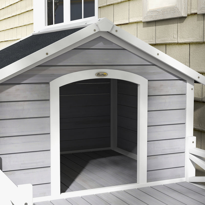 Outdoor Wooden Dog House with Covered Porch for Small to Medium Pets, Grey