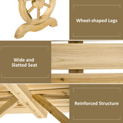 2 Seater Wooden Garden Bench with Rustic Slatted Seat and Decorative Wheel Legs for Patio