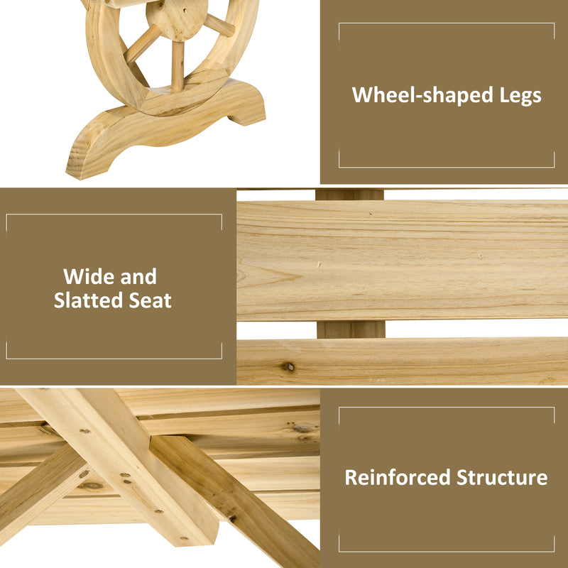 2 Seater Wooden Garden Bench with Rustic Slatted Seat and Decorative Wheel Legs for Patio