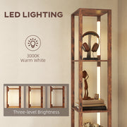 Modern LED Floor Lamp With Shelves And Drawer For Living Room Or Bedroom, Rustic Brown