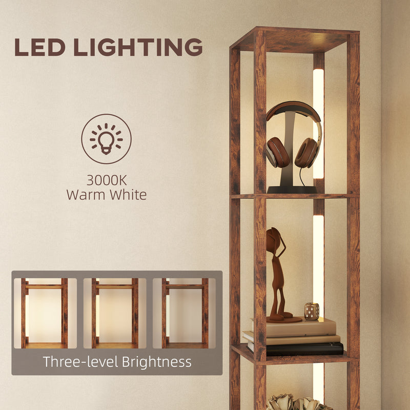 Modern LED Floor Lamp With Shelves And Drawer For Living Room Or Bedroom, Rustic Brown
