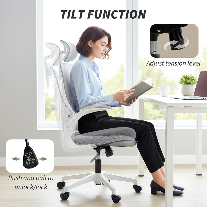 Ergonomic Office Chair With Adjustable Headrest And Foldable Backrest For Home Work Light Grey AOSOM