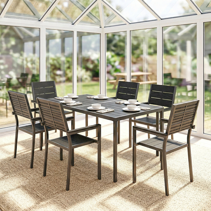 Garden Dining Set for 6 with Weather Resistant Table and Supportive Chairs Black