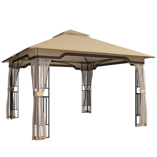 3.3 x 3.3m Metal Garden Gazebo with Mesh Sides for Shade and Insect Protection, Khaki Outsunny