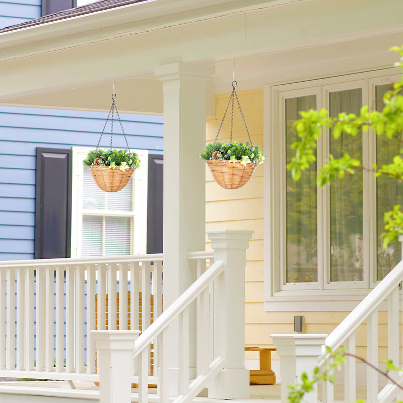 Set of 2 Artificial Hanging Flower Baskets with Pinecones for Home or Office Decor, Green