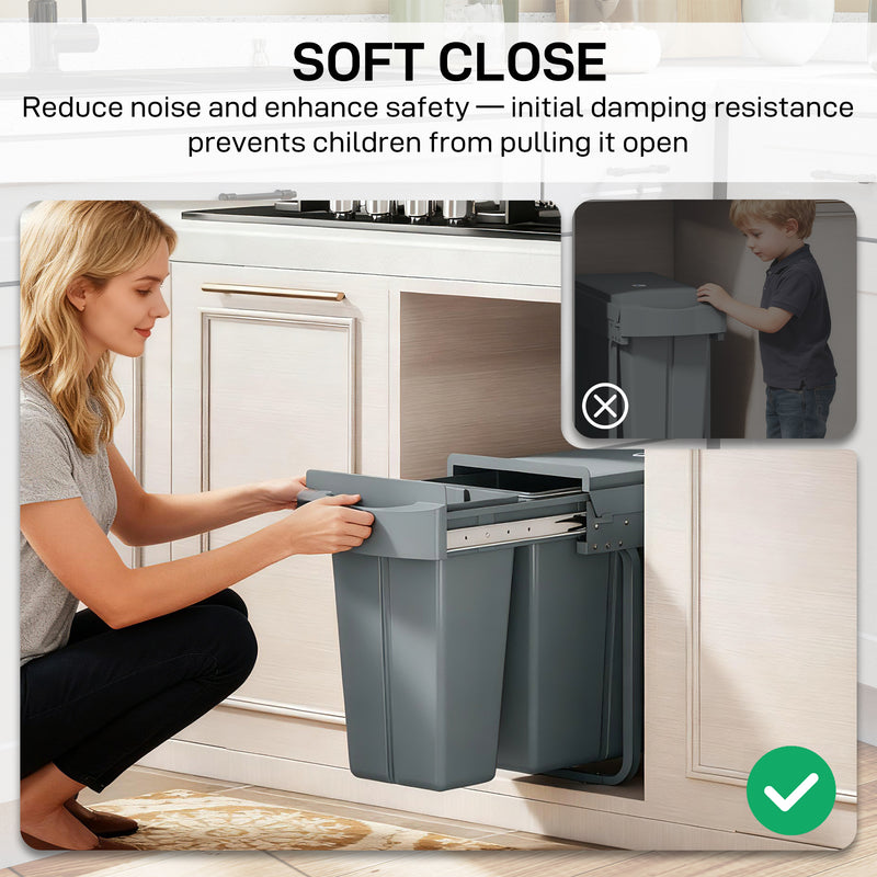 Pull Out Kitchen Bin with Dual Compartments for Hidden Waste and Recycling Grey Homcom
