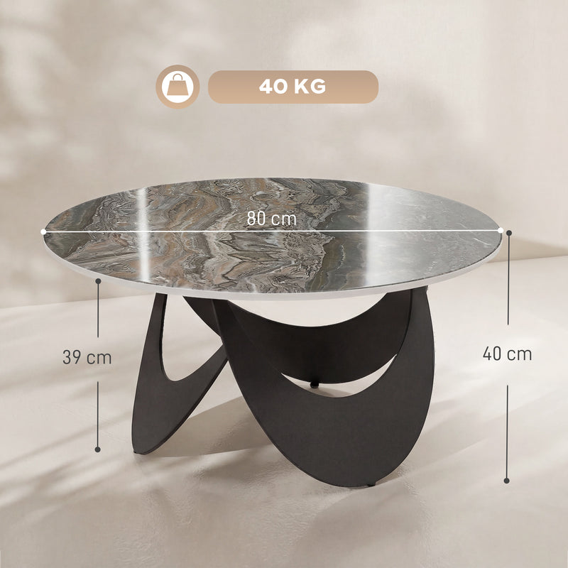 Round Coffee Table with Heat Resistant Sintered Stone Marble Effect Easy Clean Top for Living Room Brown & Black