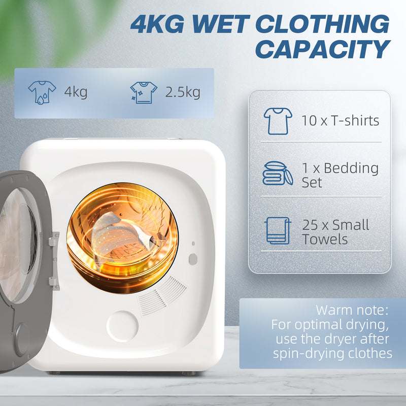 Portable 4kg Vented Tumble Dryer with Smart Sensor Timer and 5 Modes for Small Spaces White