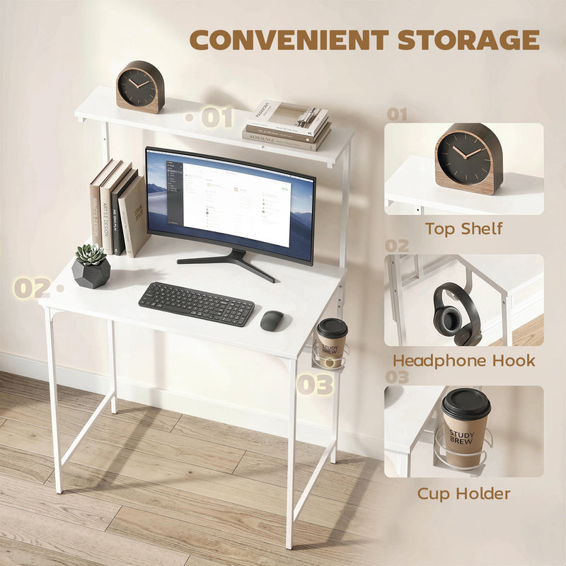 Computer Desk with Shelves and Cup Holder for Small Spaces White AOSOM