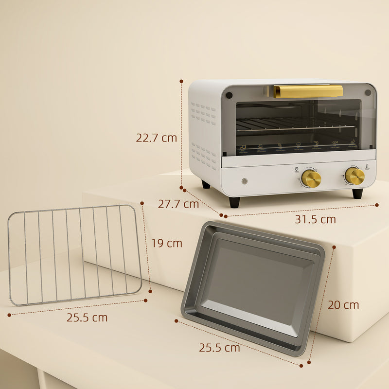 White 12L Mini Toaster Oven With Adjustable Timer and Glass Door For Small Kitchens