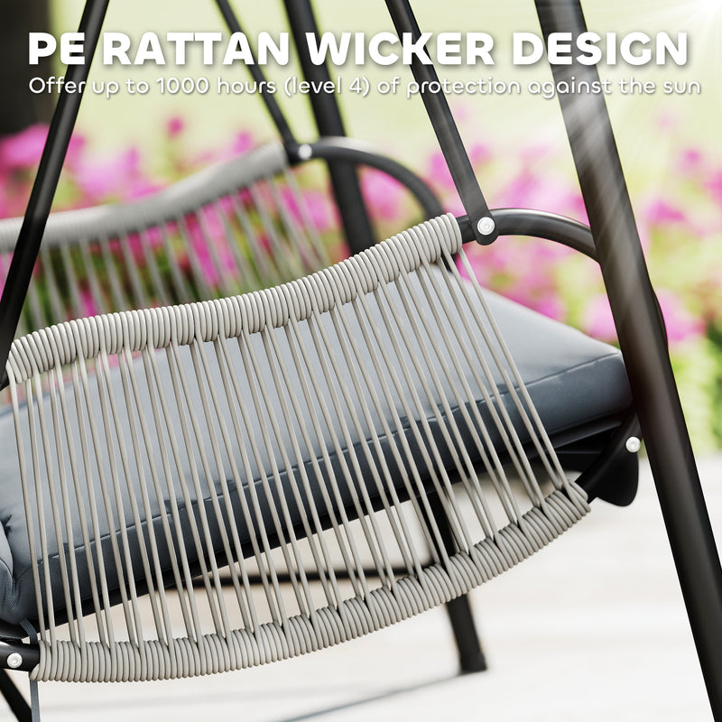 Light Grey Rattan Swing Chair with Stand and Cushion for Garden Balcony and Deck by Outsunny