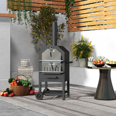 Black Steel 3 Tier Outdoor Pizza Oven and Charcoal BBQ Grill for Garden Entertaining
