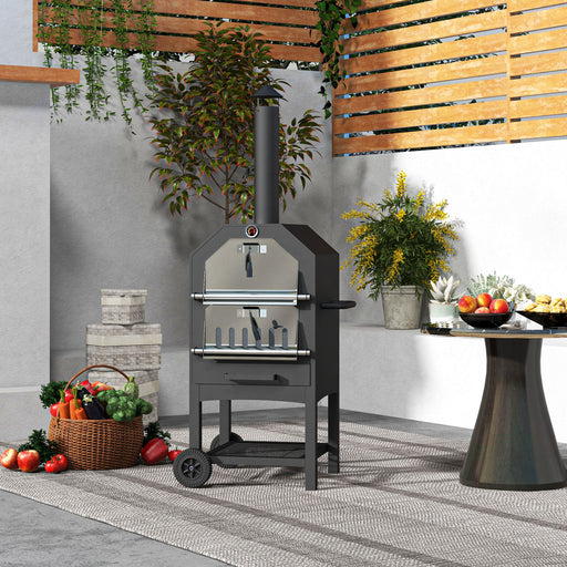 Black Steel 3 Tier Outdoor Pizza Oven and Charcoal BBQ Grill for Garden Entertaining