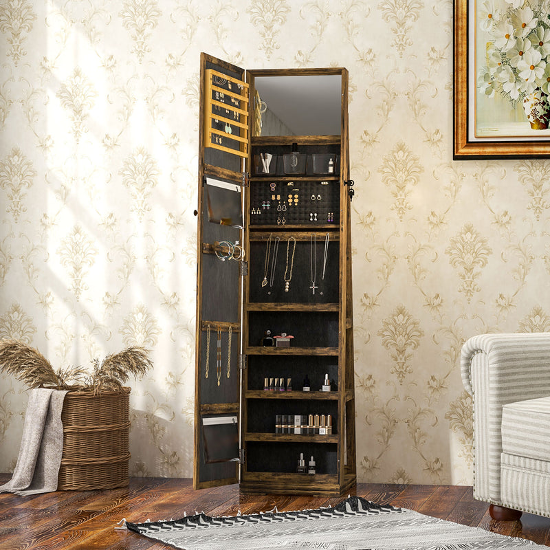 Lockable Rustic Brown Jewellery Cabinet With 360Â° Swivel and Full Length Mirror by HOMCOM