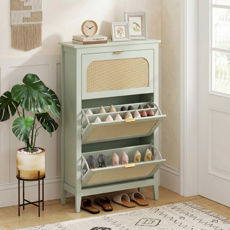 Slim Shoe Cabinet for Hallway Storage with 3 Flip Drawers and Adjustable Shelves Light Green