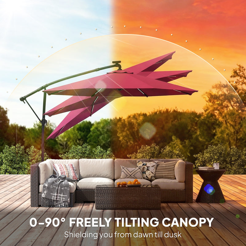 Cantilever Parasol with Lights and Adjustable Shade for Patios, Free Rain Cover, Wine Red