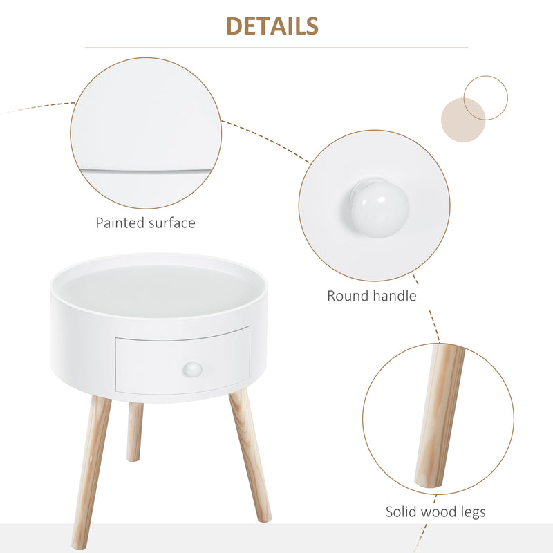 White Round Bedside Tables with Drawer Set of 2 by HOMCOM