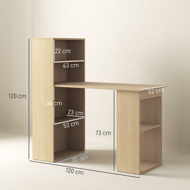120cm Modern Computer Desk with 6 Shelves Natural Wood Finish by HOMCOM
