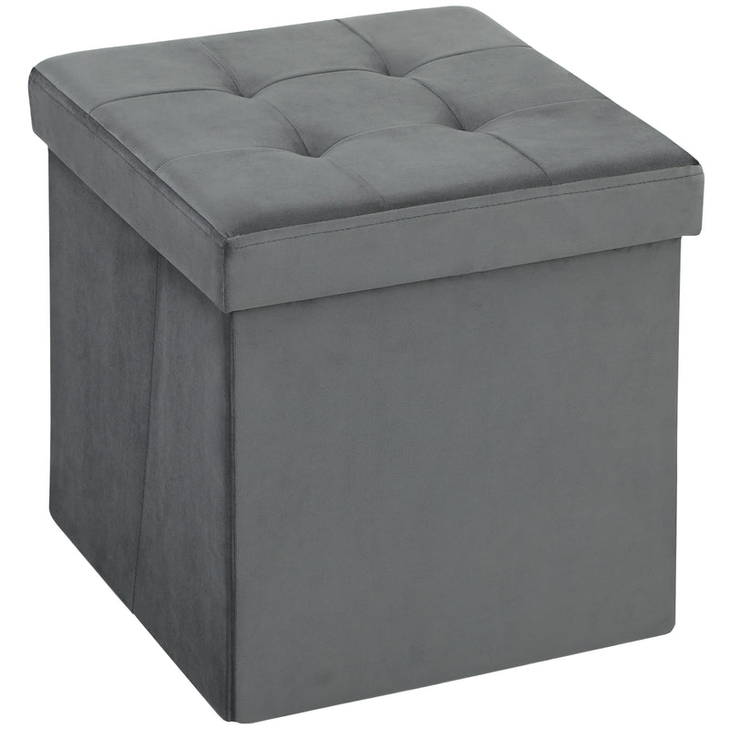 Foldable Velvet Feel Storage Ottoman With Padded Seat And Hidden Compartment Grey