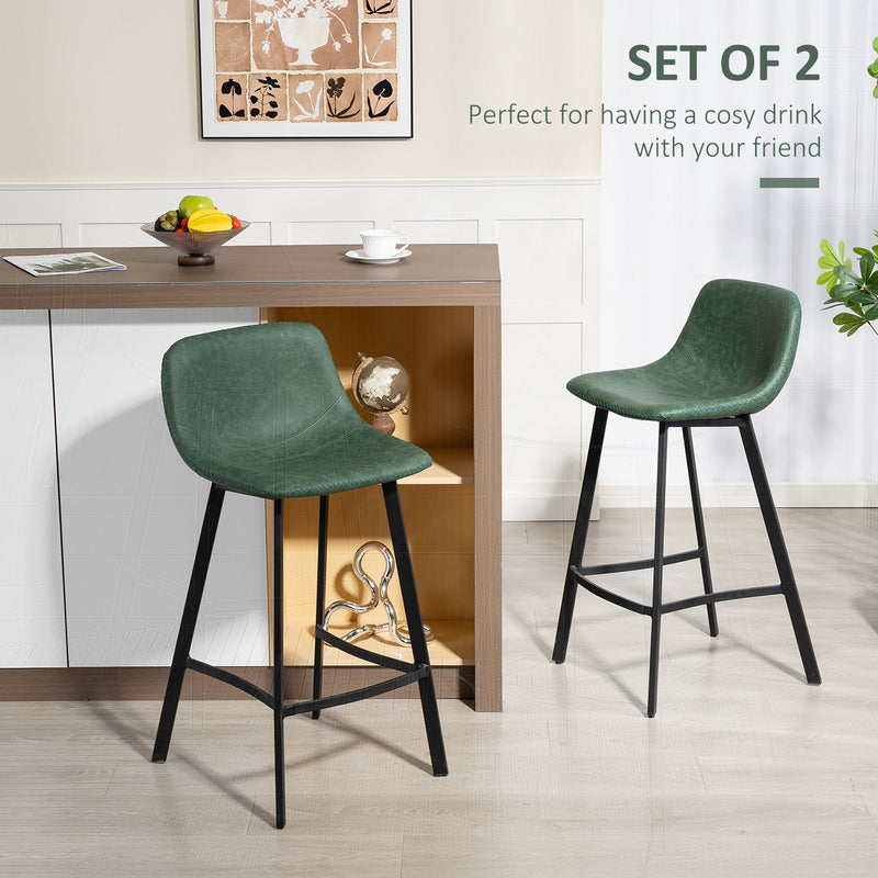 Set of 2 PU Leather Bar Stools with Backrest and Footrest for Kitchen Counters Green
