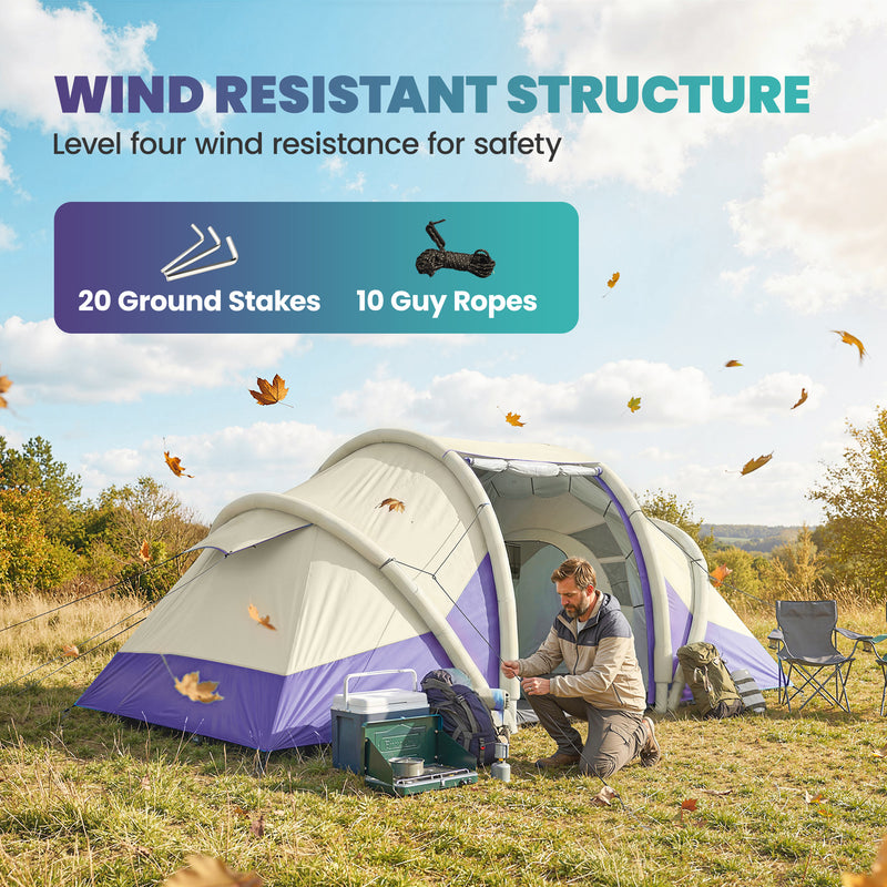 Inflatable Family Tent with Two Bedrooms and Fast Five Minute Setup for Easy Camping Purple White