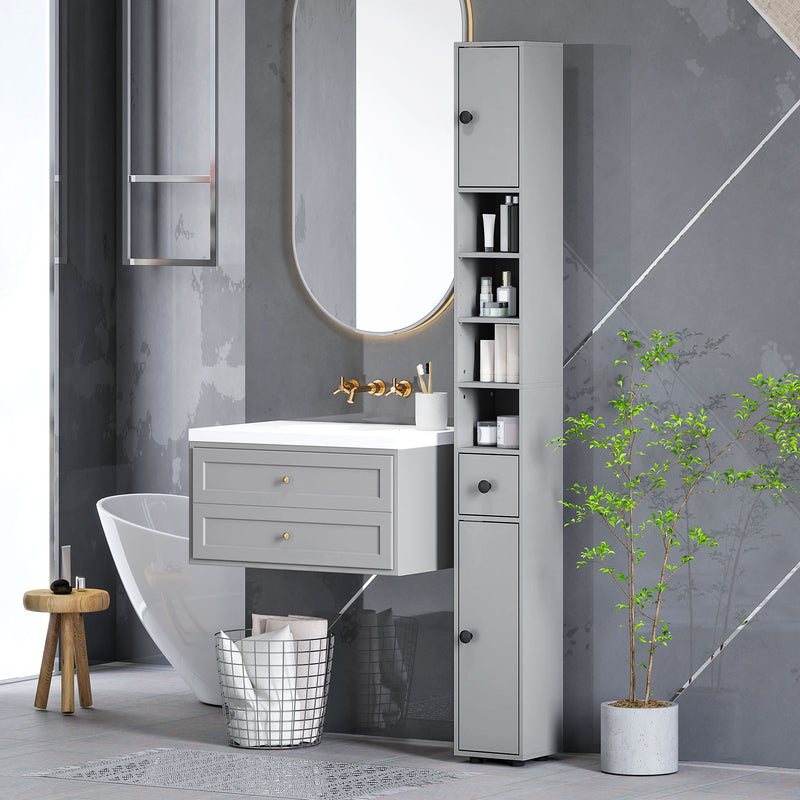 Tall Slim Bathroom Storage Cabinet with Shelves Drawer and Cupboards Space Saving, Grey